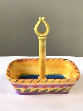 Dario Farruci Hand Painted Caddy Colorful Floral Design Ceramic Basket
